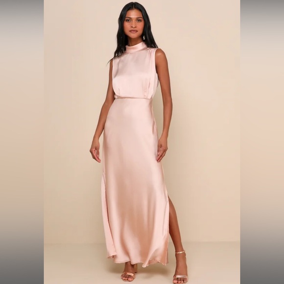 Lulus Dresses & Skirts - Classic Elegance Blush Satin Sleeveless Mock Neck Maxi Dress